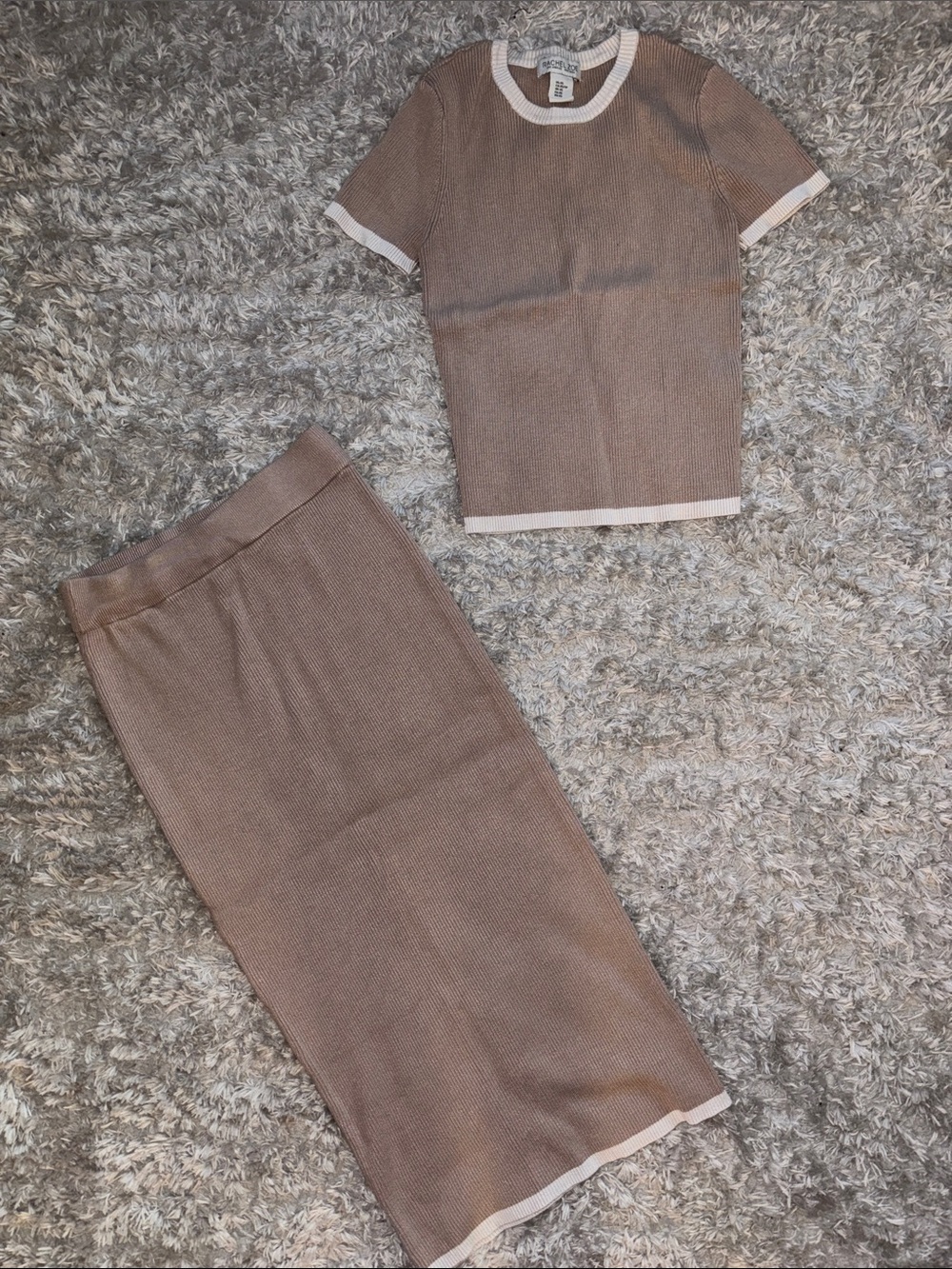 Rachel Zoe Brown Knit Two-Piece Skirt Set with Cream Trim